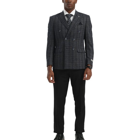 Navy Windowpane Double Breasted Peak Lapel Stacy Adams Men's Jacket - Picture 3 of 4